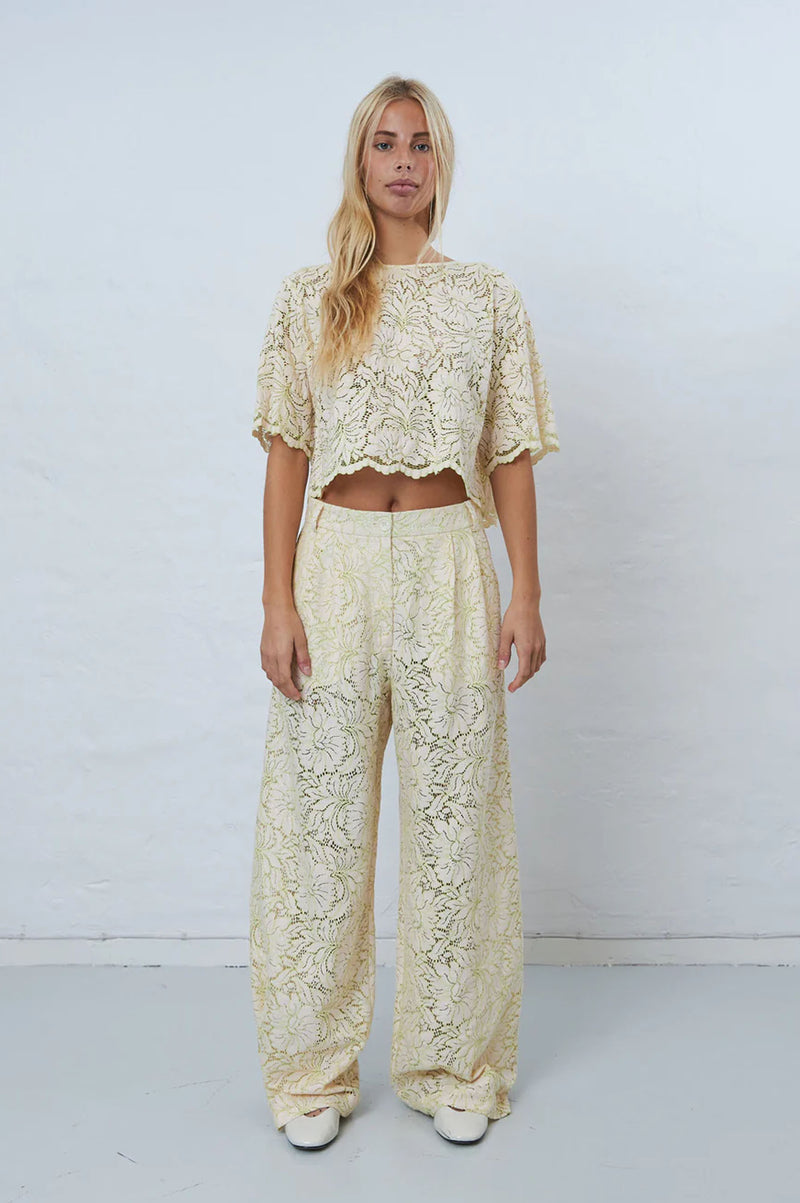 Stella Nova Delicate Lace Vanilla Tea Green Flower Flared Pant - The Mercantile London