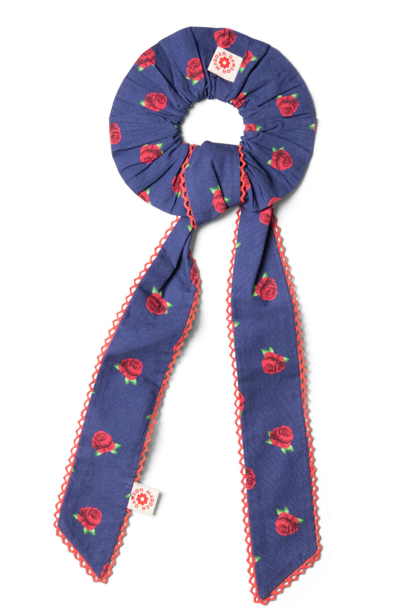 Damson Madder Blue And Red Rose Bow Scrunchie