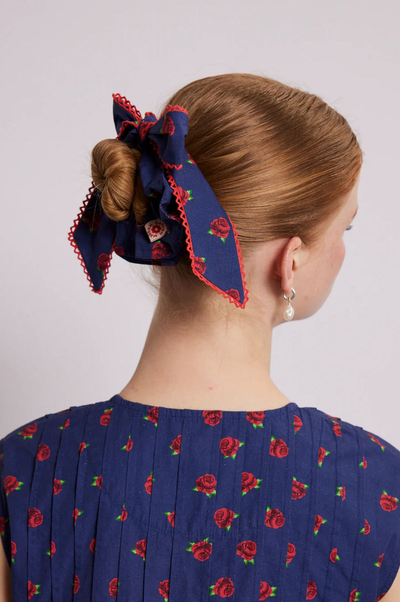 Damson Madder Blue And Red Rose Bow Scrunchie