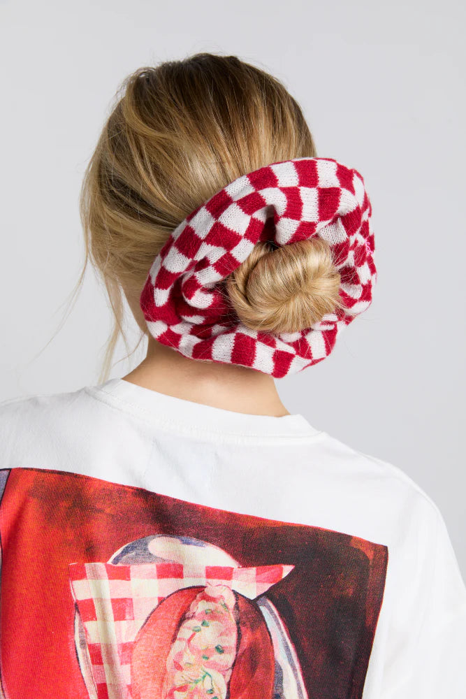 Damson Madder Knitted Red Gingham Scrunchie