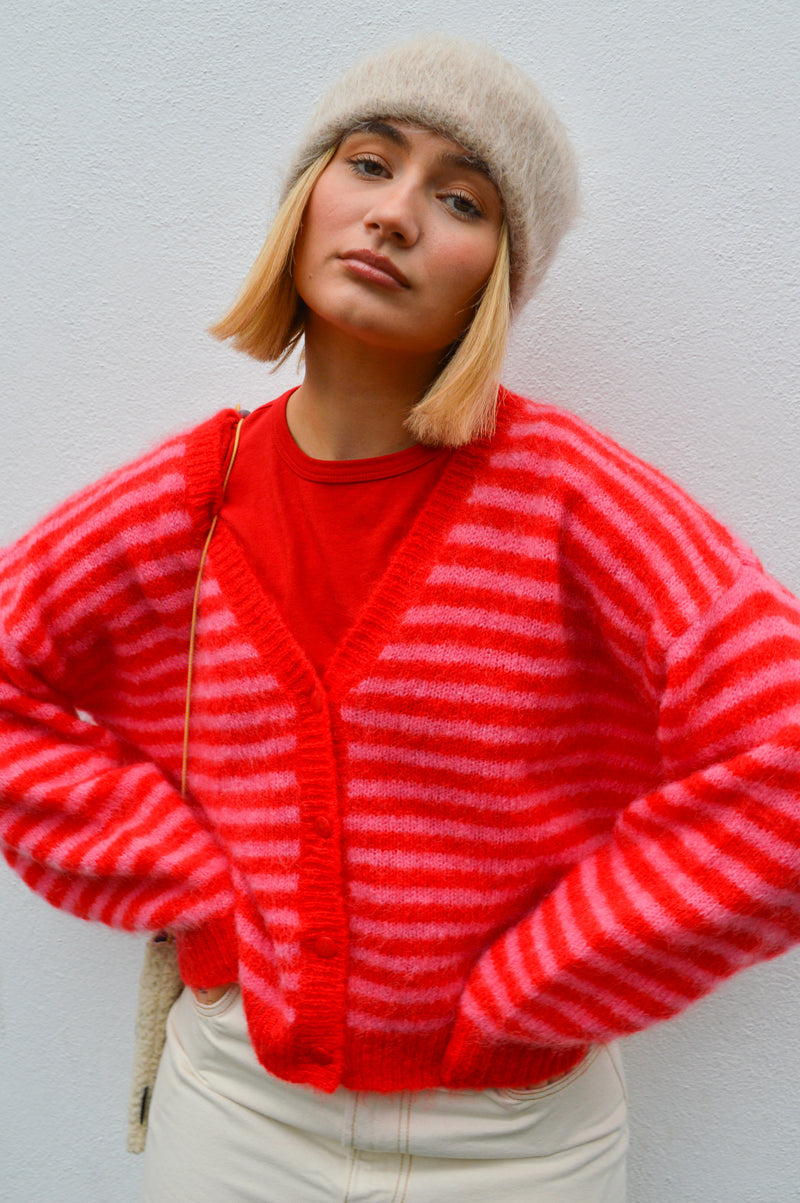 Des Petits Hauts Alvaro Tomato and Pink Cardigan