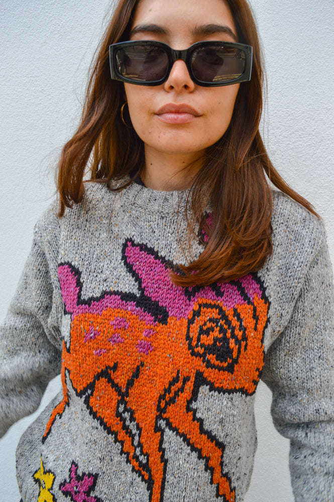 Howlin Acid Deer With Flowers Grey Knit Pullover