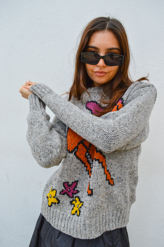 Howlin Acid Deer With Flowers Grey Knit Pullover