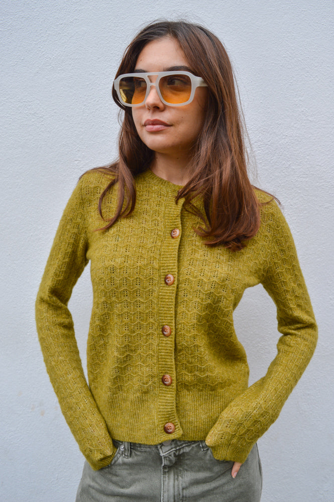 Nice Things Openwork Olive Green Cardigan