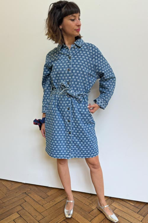 Object Hedda Medium Blue Patterned Denim Dress