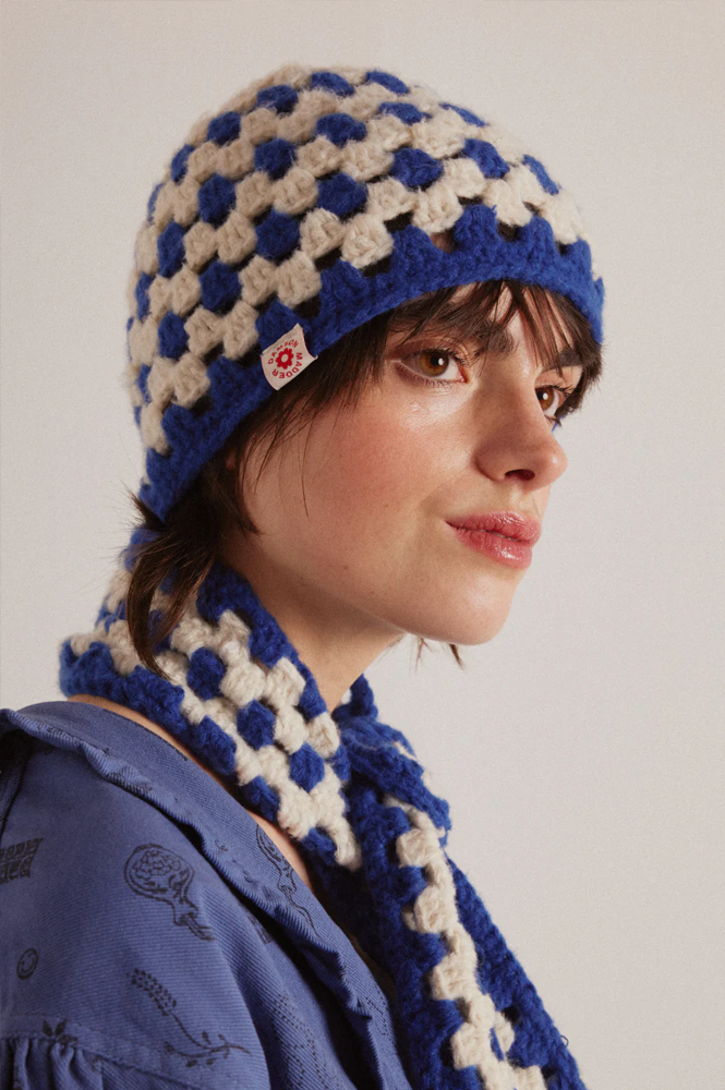 Damson Madder Crochet Stripe Blue Hat - The Mercantile London