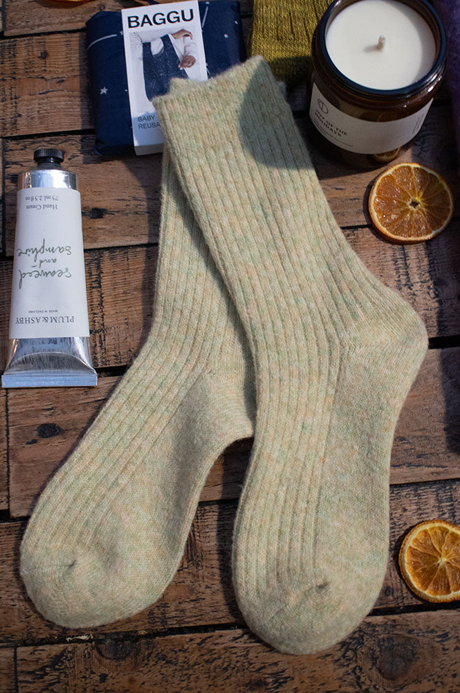 Solid Cashmere Warm Socks & Ribbed Wool Lime Socks