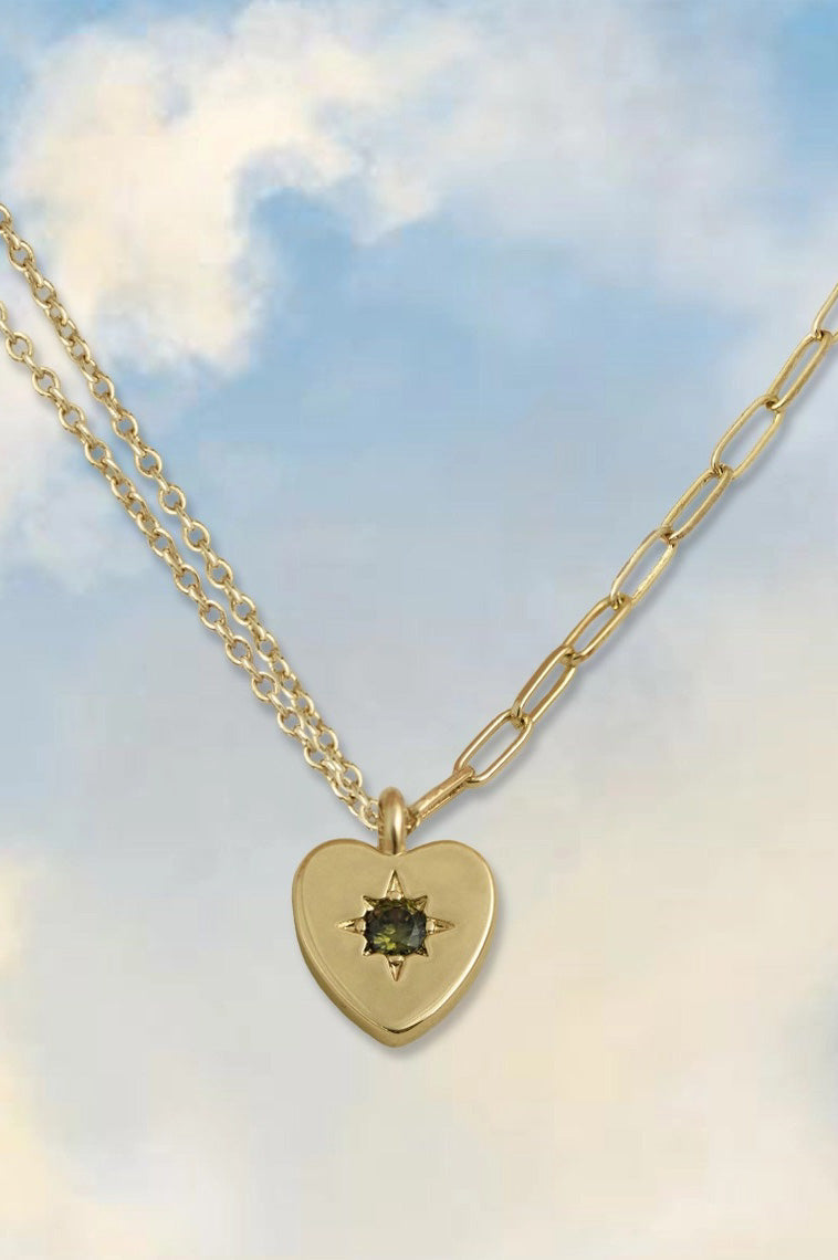 SS24 JJ Peridot Heart Charm Double Chain Necklace - The Mercantile London