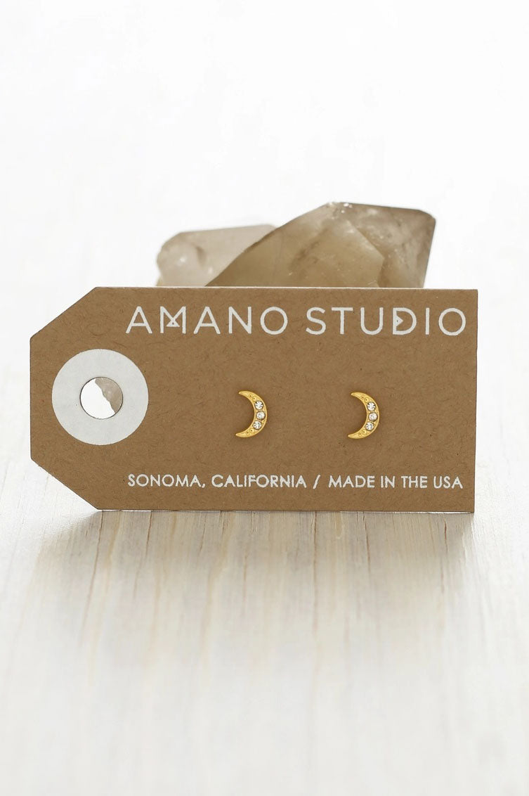 Amano Crescent Moon Crystal Stud Earrings