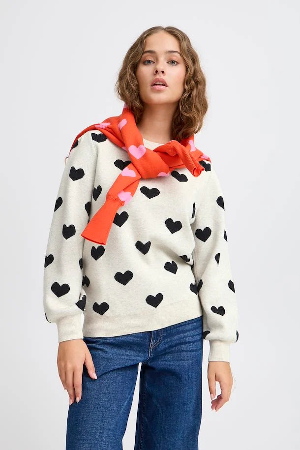 ICHI Brielle Oatmeal & Black Heart Knitted Pullover