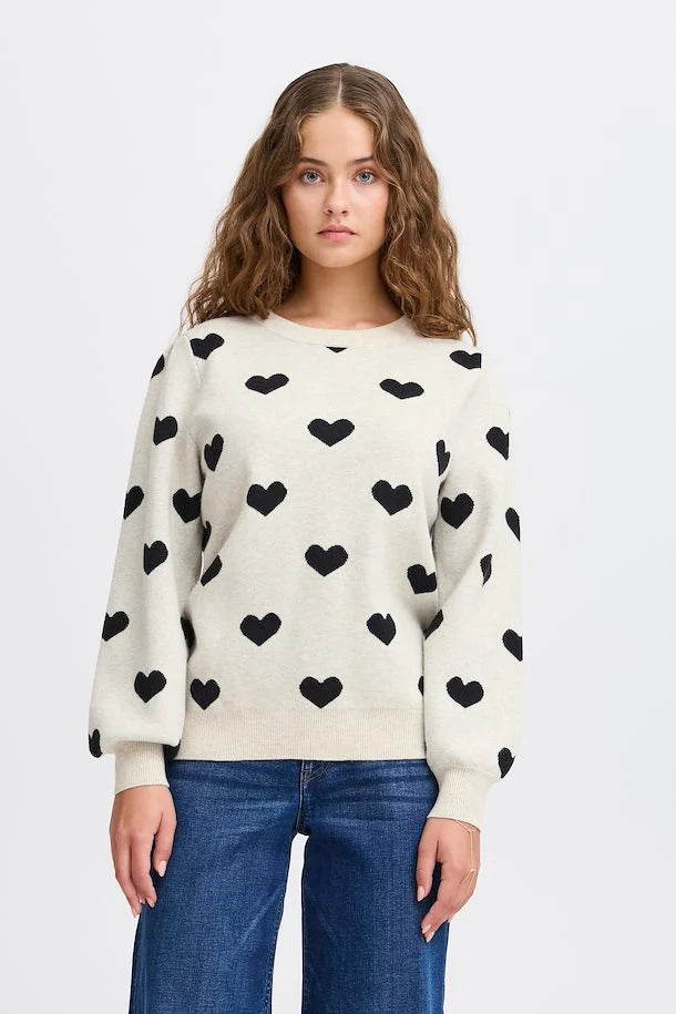 ICHI Brielle Oatmeal & Black Heart Knitted Pullover