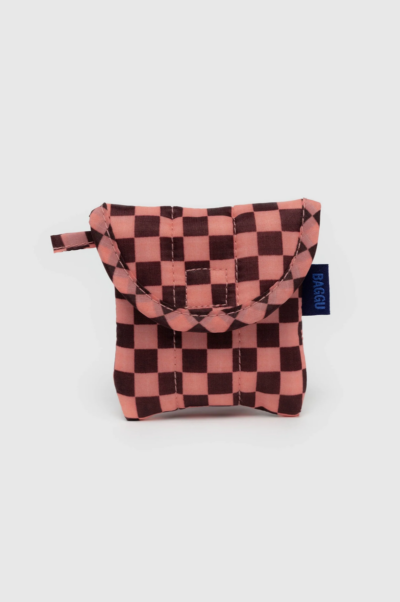 Baggu Pink Brown Check Puffy Earbud Case